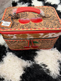 Large cherry tooled leather and cowhide jewelry box