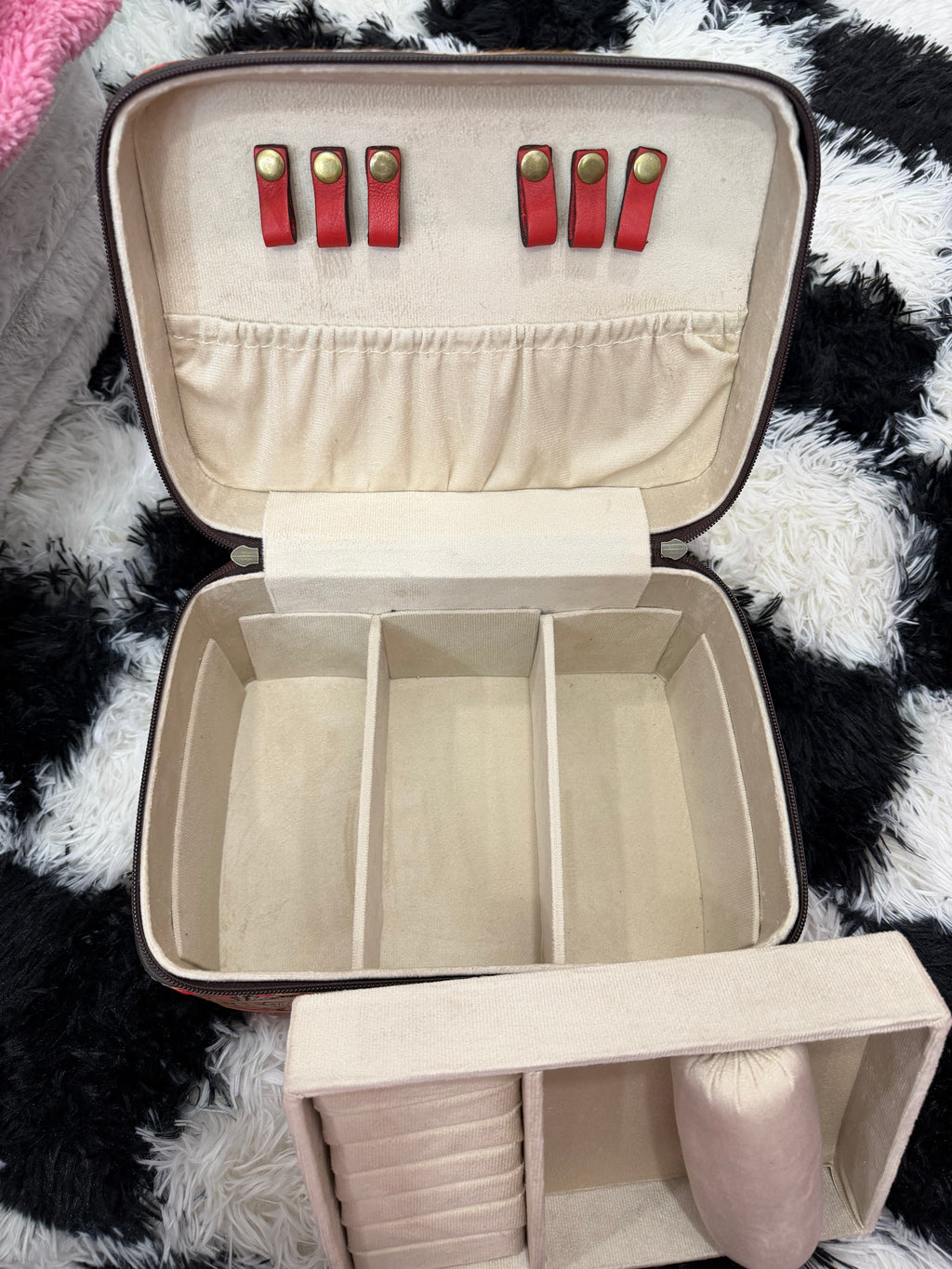 Large cherry tooled leather and cowhide jewelry box
