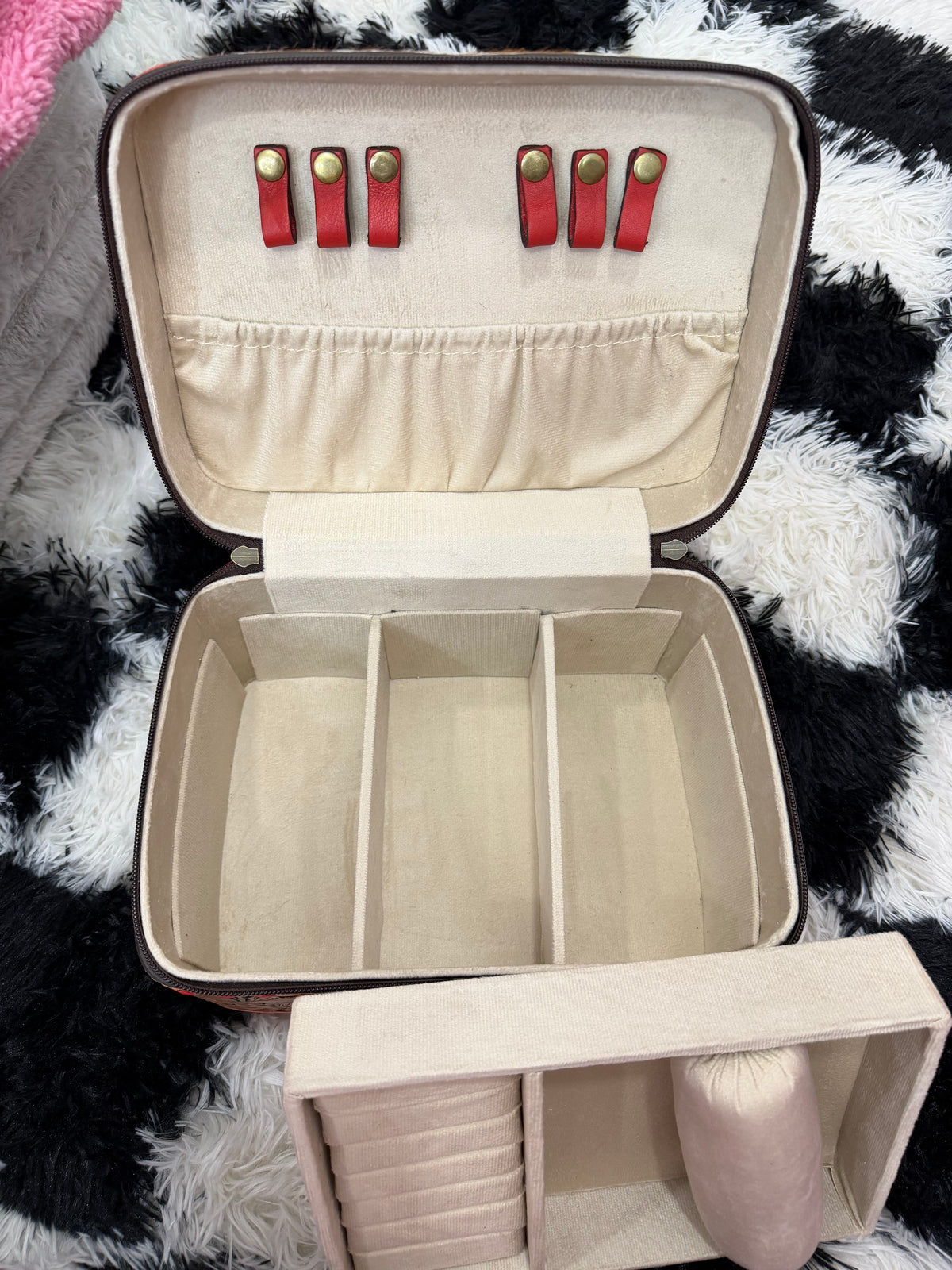 Large cherry tooled leather and cowhide jewelry box